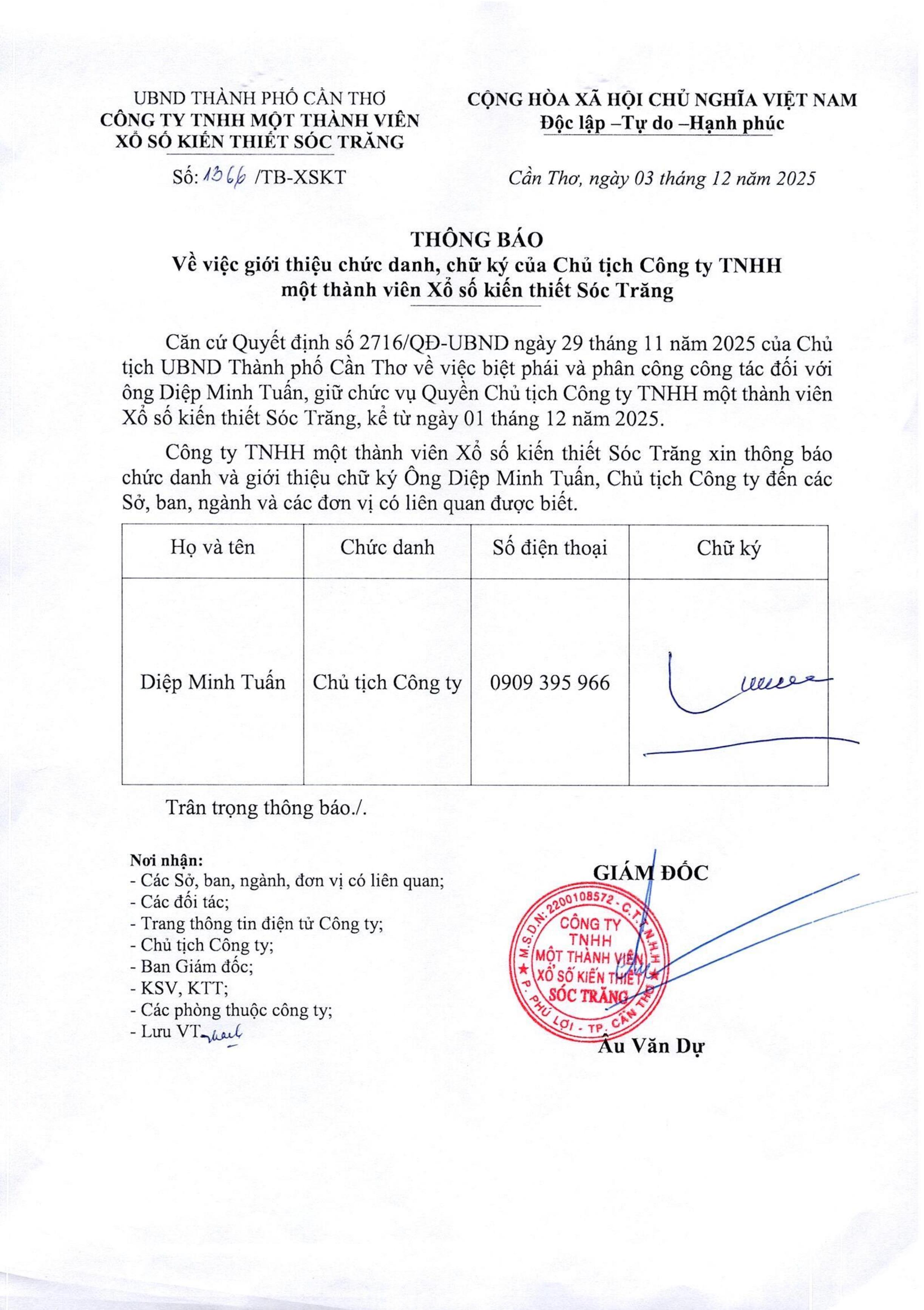 Thông báo về việc giới thiệu chức danh, chữ ký của Chủ tịch Công ty TNHH MTV Xổ số kiến thiết Sóc Trăng