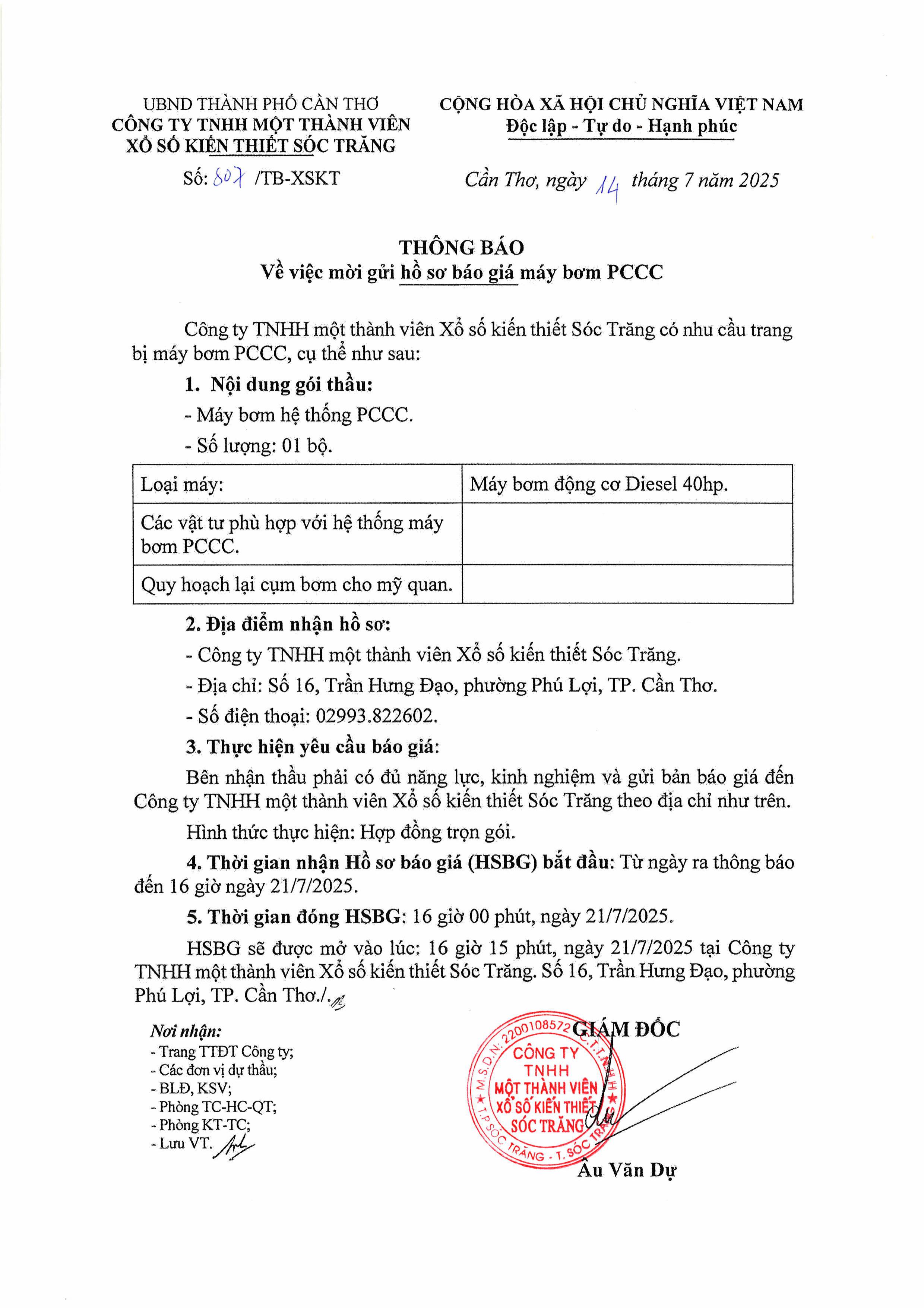 THÔNG BÁO VỀ VIỆC MỜI GỬI HỒ SƠ BÁO GIÁ MÁY BƠM PCCC (14/7/2025)