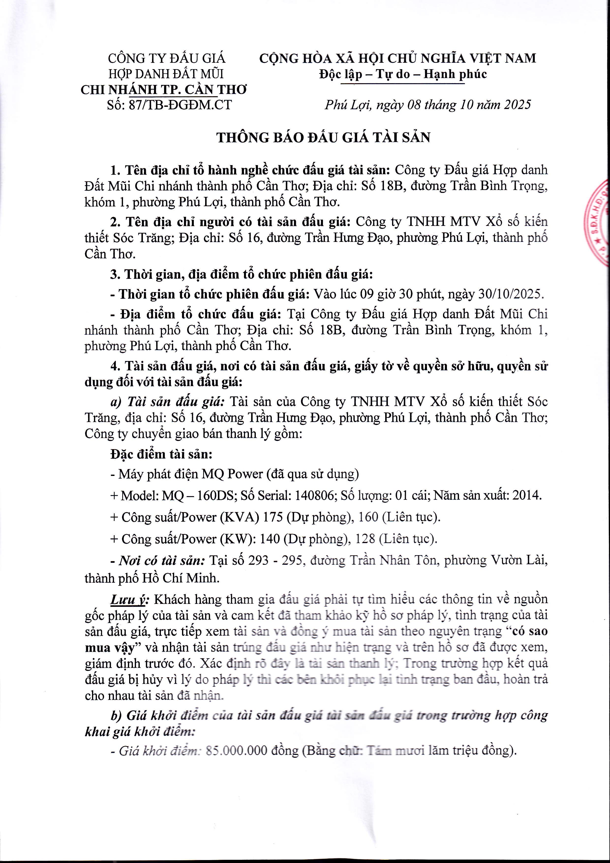 Thông báo Đấu giá máy phát điện MQ Power (đã qua sử dụng), tài sản của Công ty TNHH MTV Xổ số kiến thiết Sóc Trăng