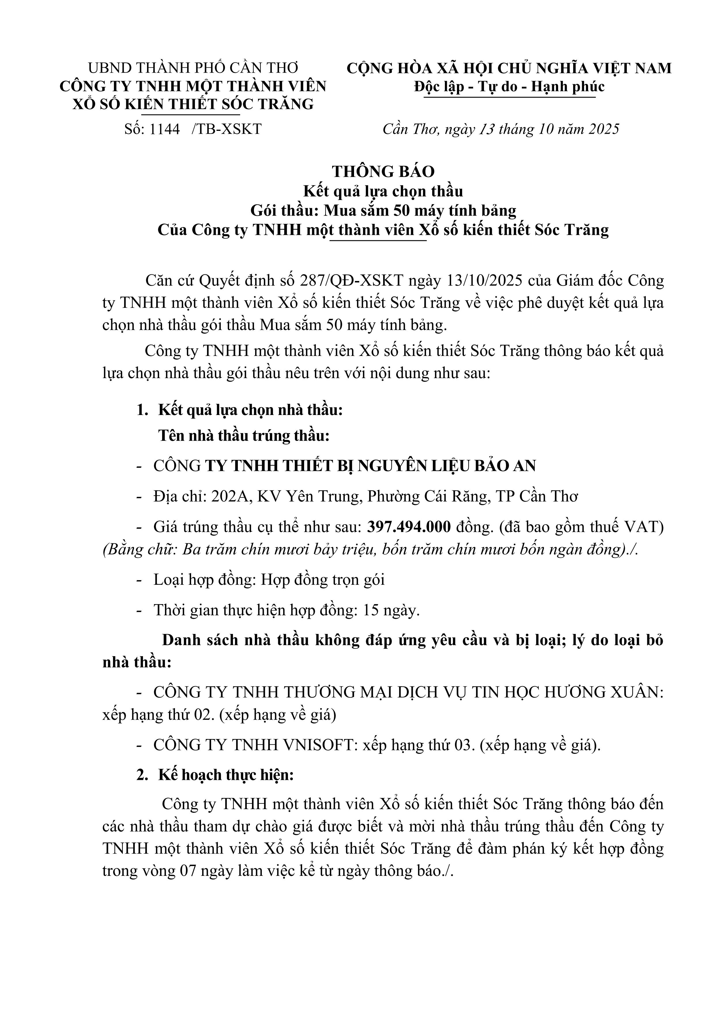 Thông báo kết quả lựa chọn thầu gói thầu mua sắm 50 máy tính bảng của Công ty TNHH MTV Xổ số kiến thiết Sóc Trăng