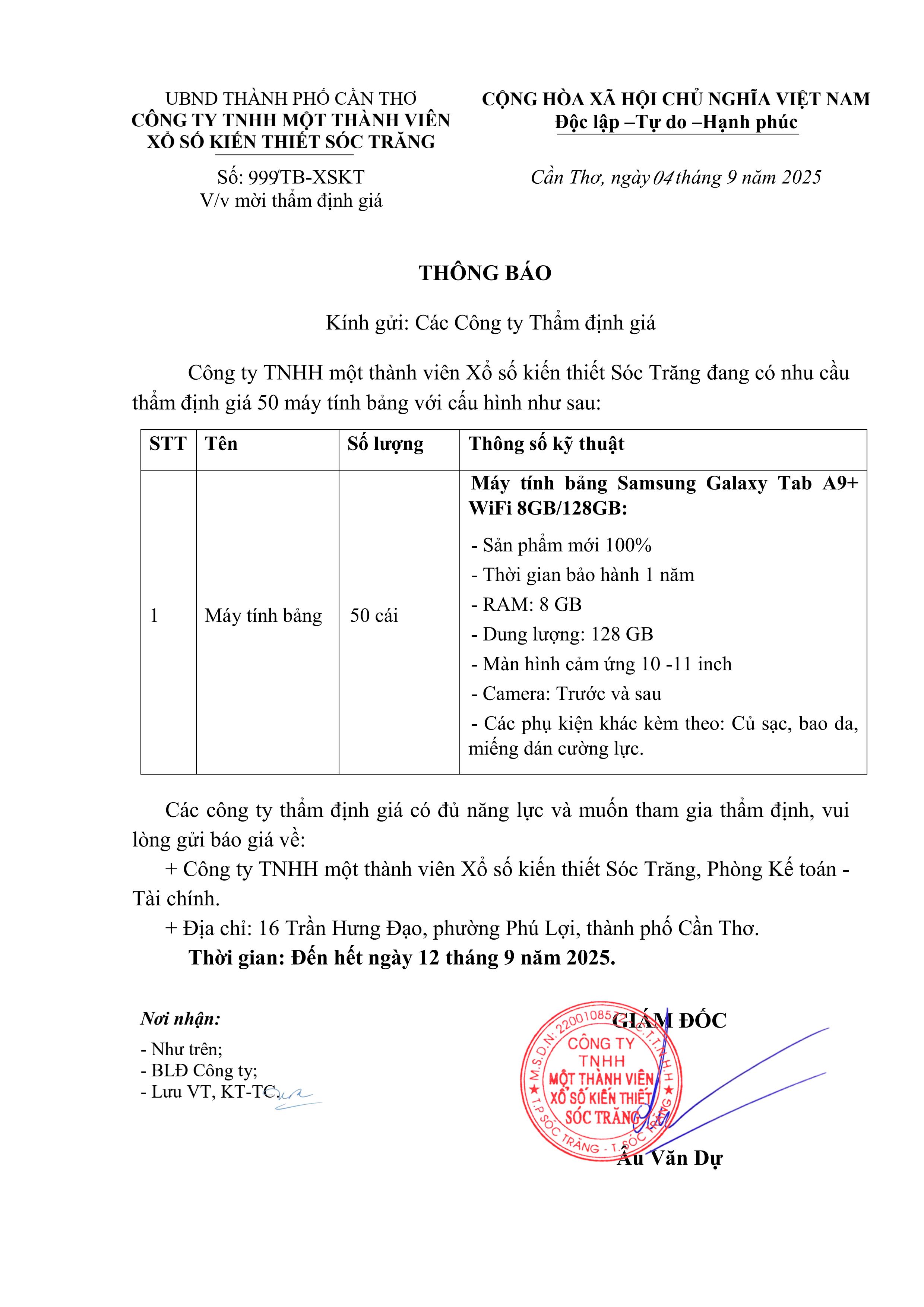 Thông báo mời thẩm định giá máy tính bảng 4-9-2025