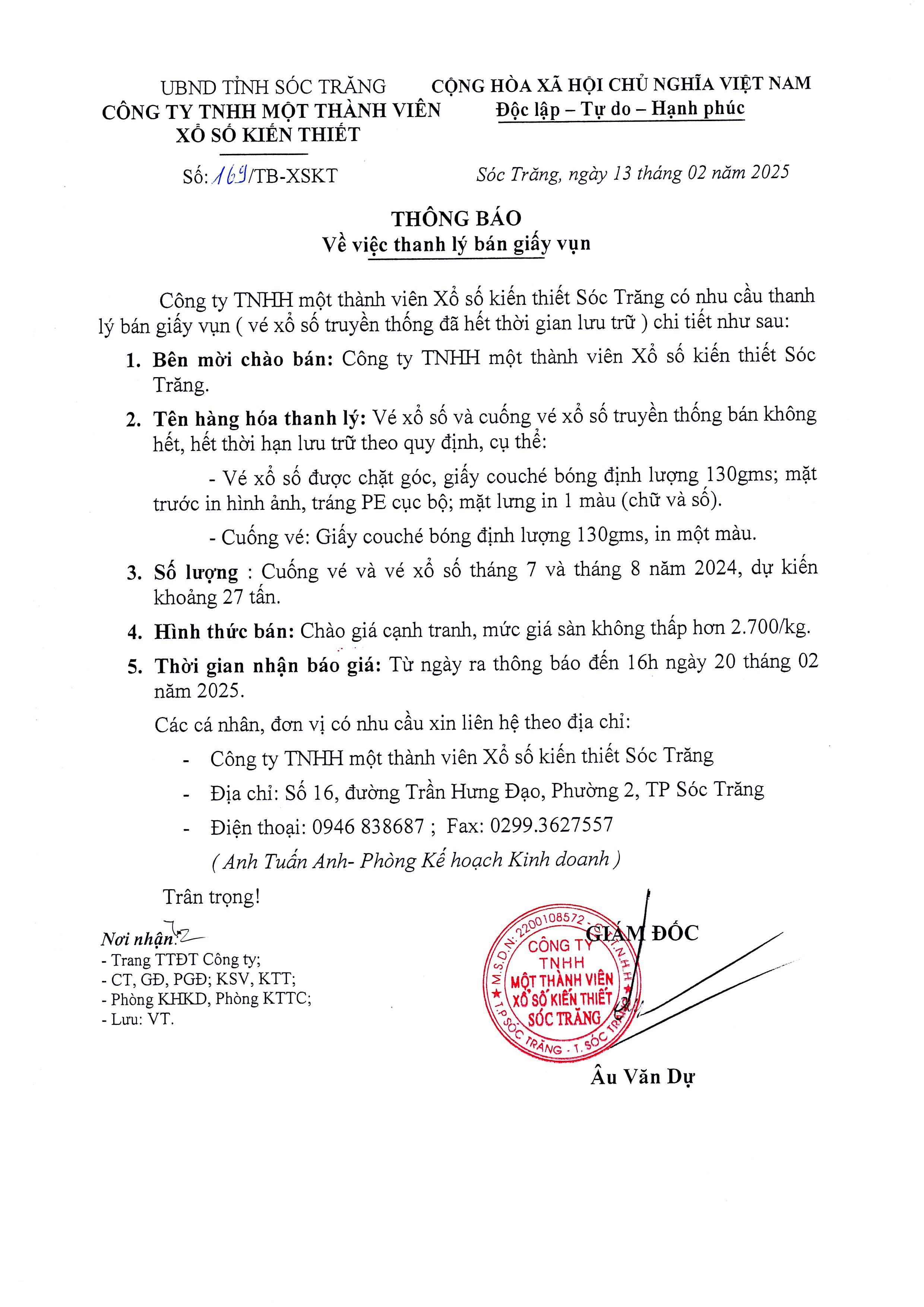 Thông báo về việc thanh lý bán giấy vụn