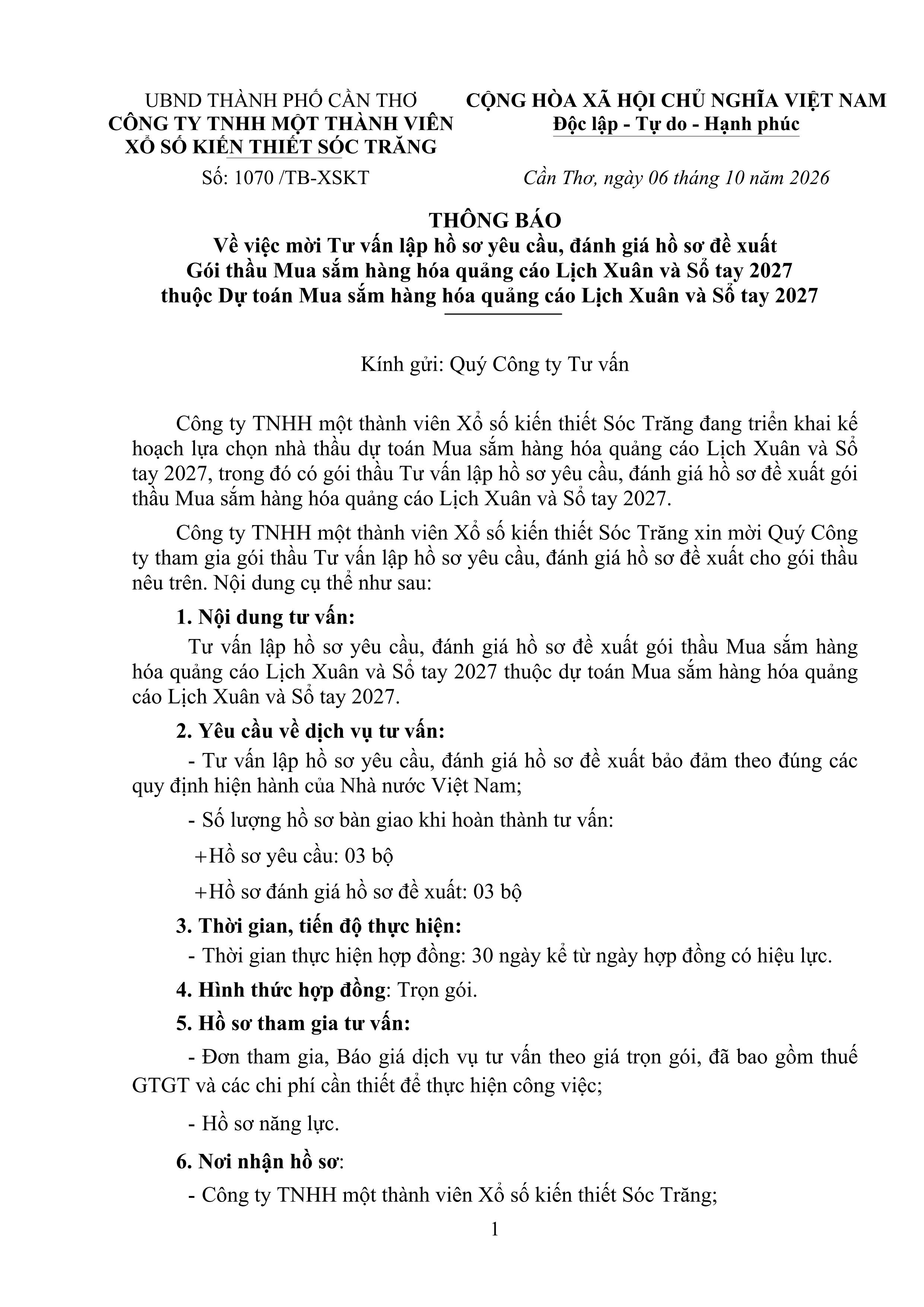 THÔNG BÁO Về việc mời Tư vấn lập hồ sơ yêu cầu, đánh giá hồ sơ đề xuất Gói thầu Mua sắm hàng hóa quảng cáo Lịch Xuân và Sổ tay 2027 thuộc Dự toán Mua sắm hàng hóa quảng cáo Lịch Xuân và Sổ tay 2027