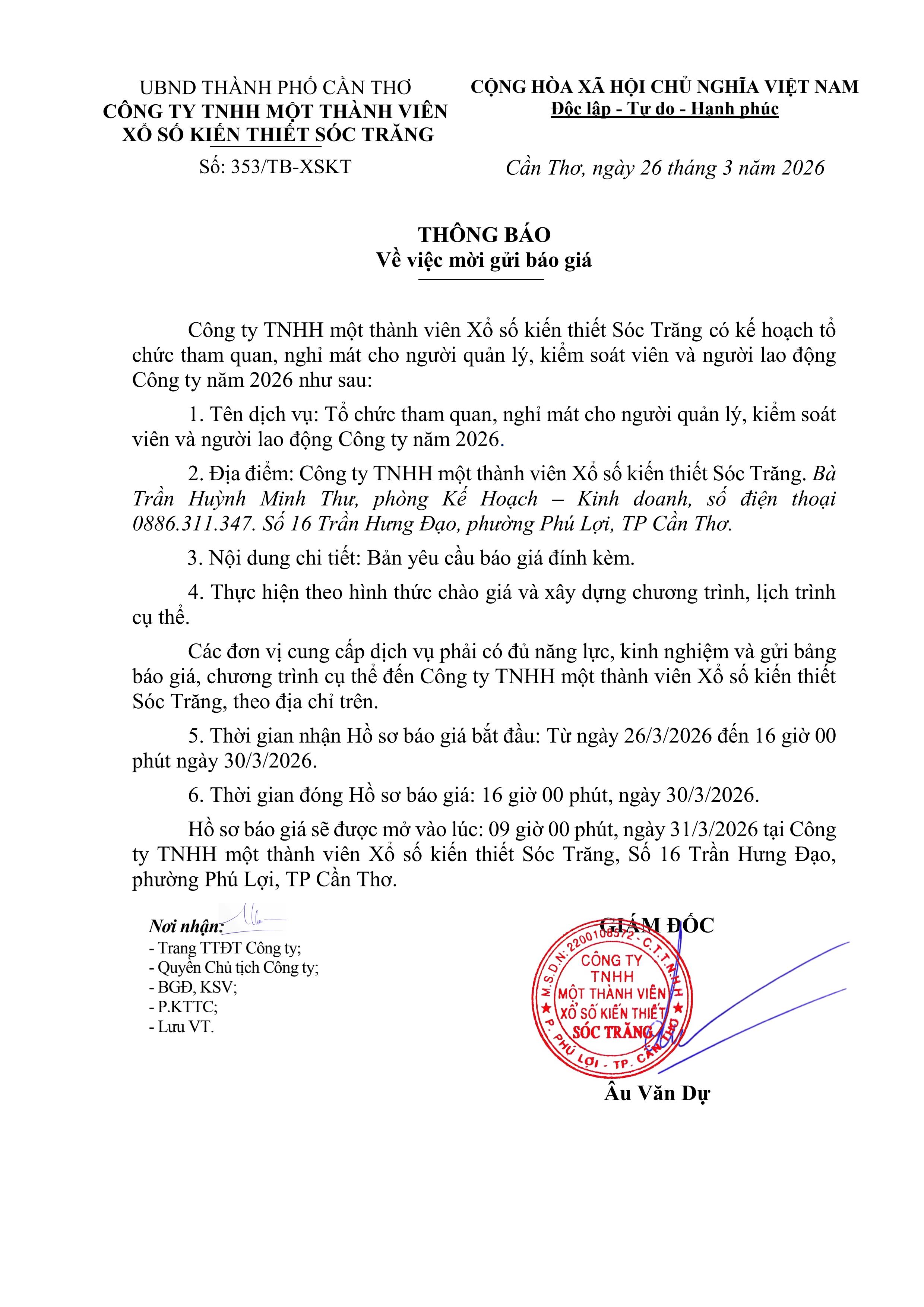 THÔNG BÁO VỀ VIỆC MỜI GỬI YÊU CẦU BÁO GIÁ TỔ CHỨC THAM QUAN NGHỈ MÁT CHO NQL, KSV, NLĐ CÔNG TY NĂM 2026