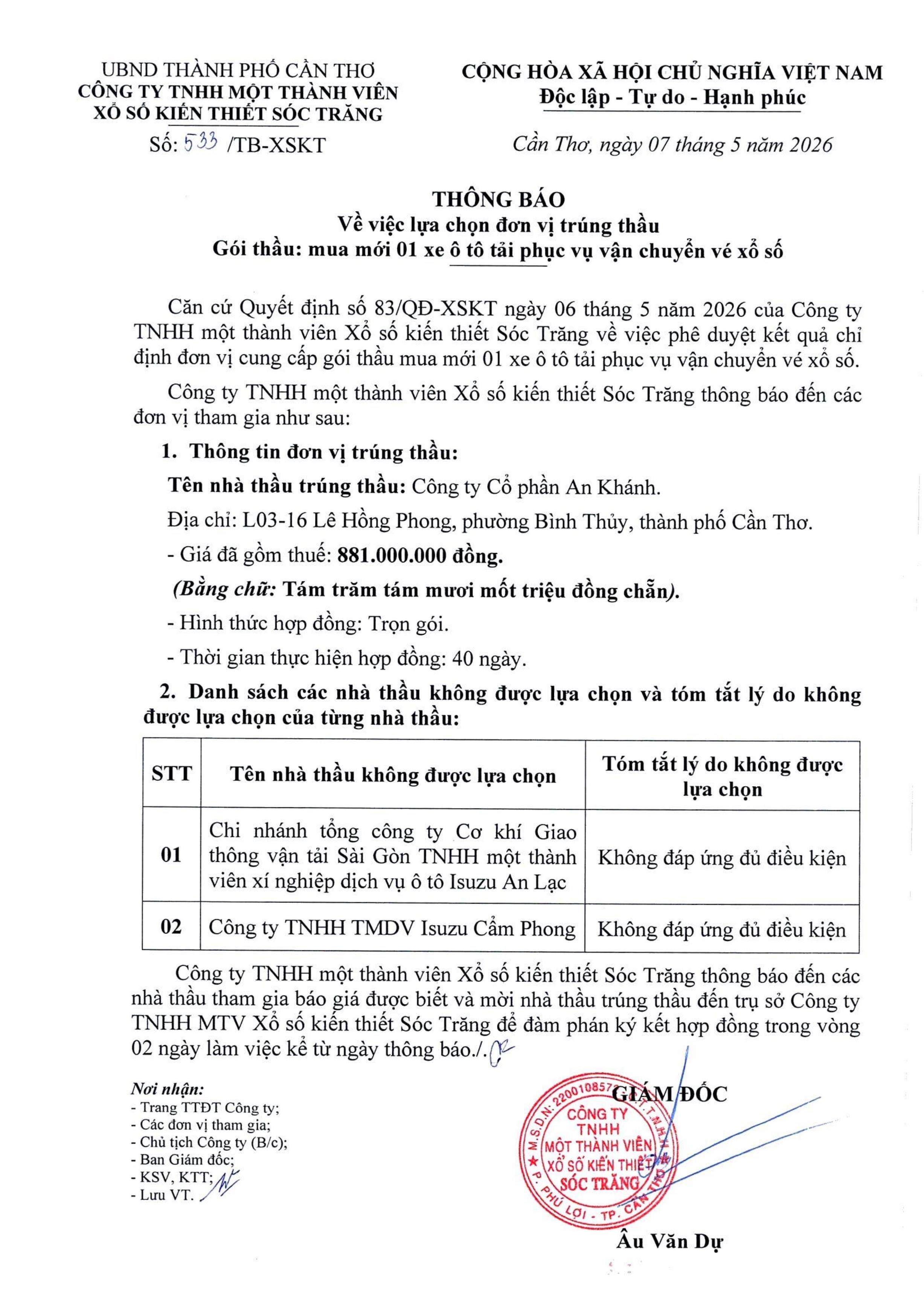 Thông báo về việc lựa chọn đơn vị trúng thầu - Gói thầu: mua mới 01 xe ô tô tải phục vụ vận chuyển vé xổ số