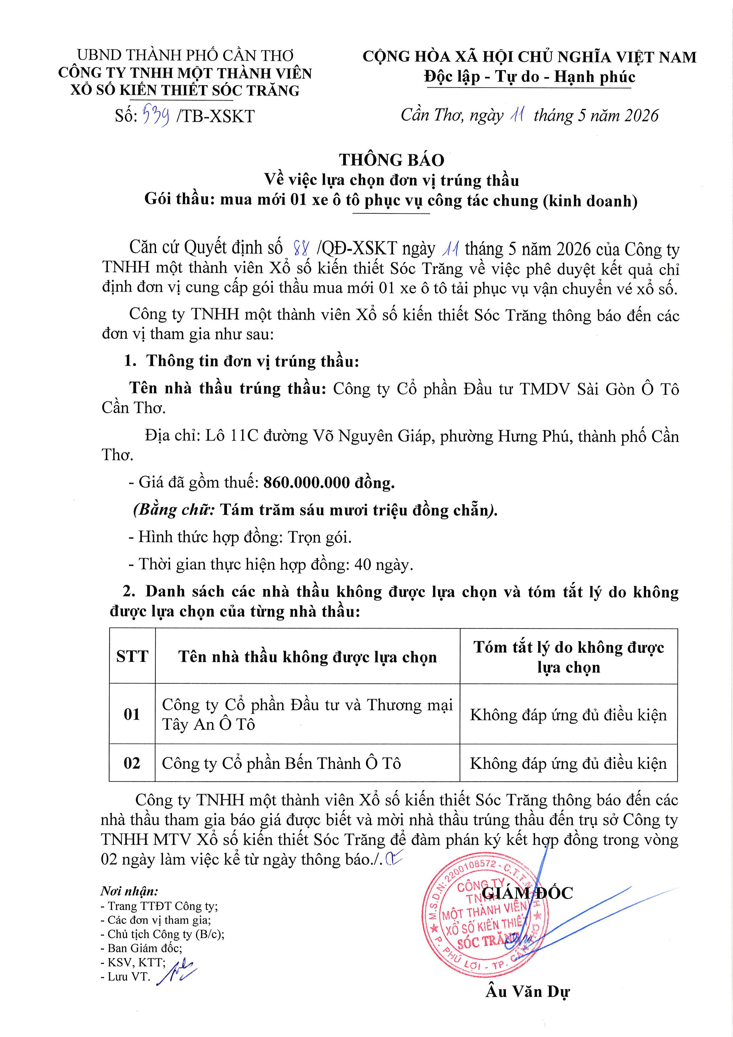 Thông báo về việc lựa chọn đơn vị trúng thầu gói thầu mua mới 01 xe ô tô phục vụ công tác chung (kinh doanh)