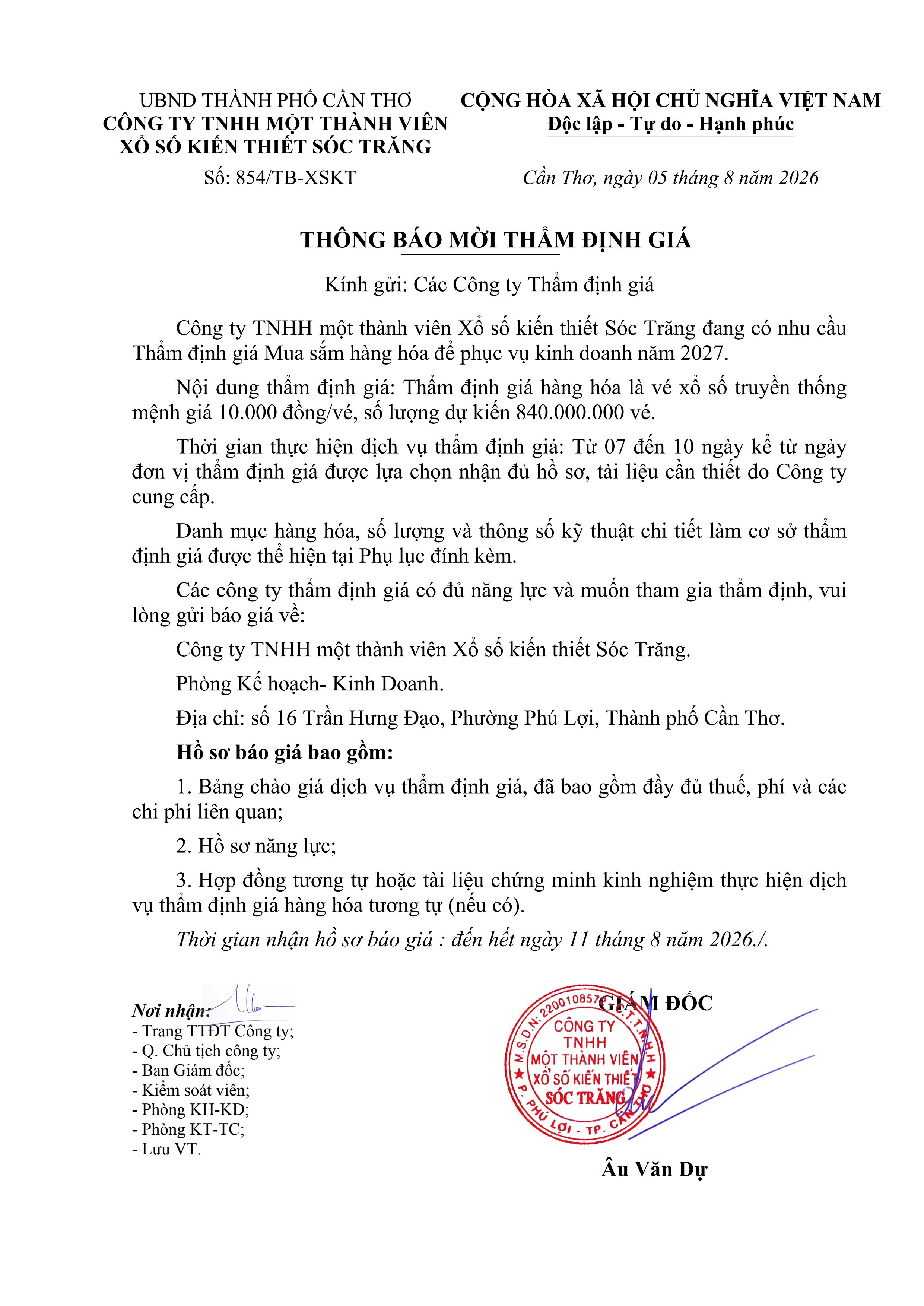 Thông báo mời thẩm định giá gói thầu: Mua sắm hàng hóa để phục vụ kinh doanh năm 2027