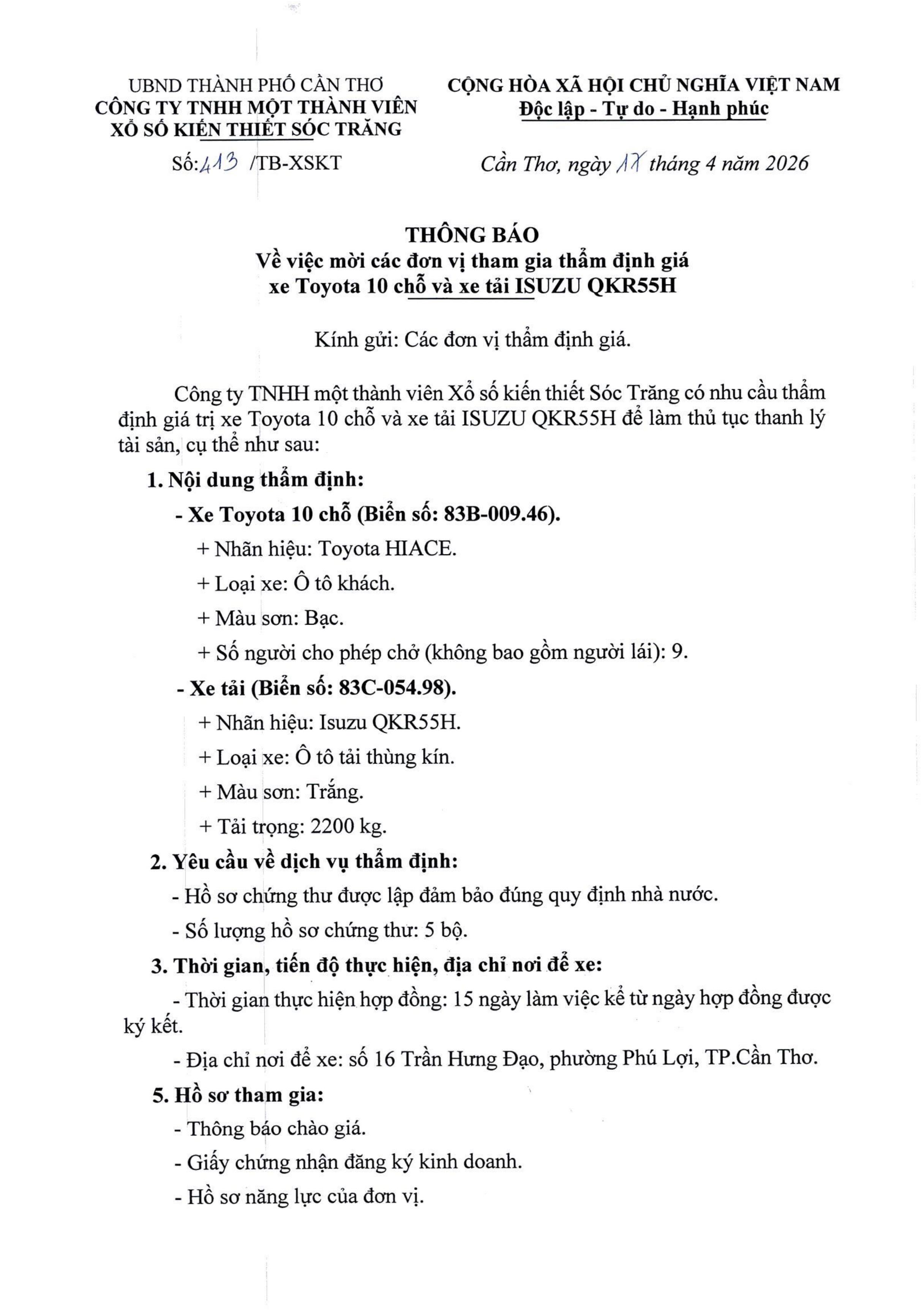 Thông báo về việc mời các đơn vị tham gia thẩm định giá xe Toyota 10 chỗ và xe tải Isuzu QKR55H 17/4/2026