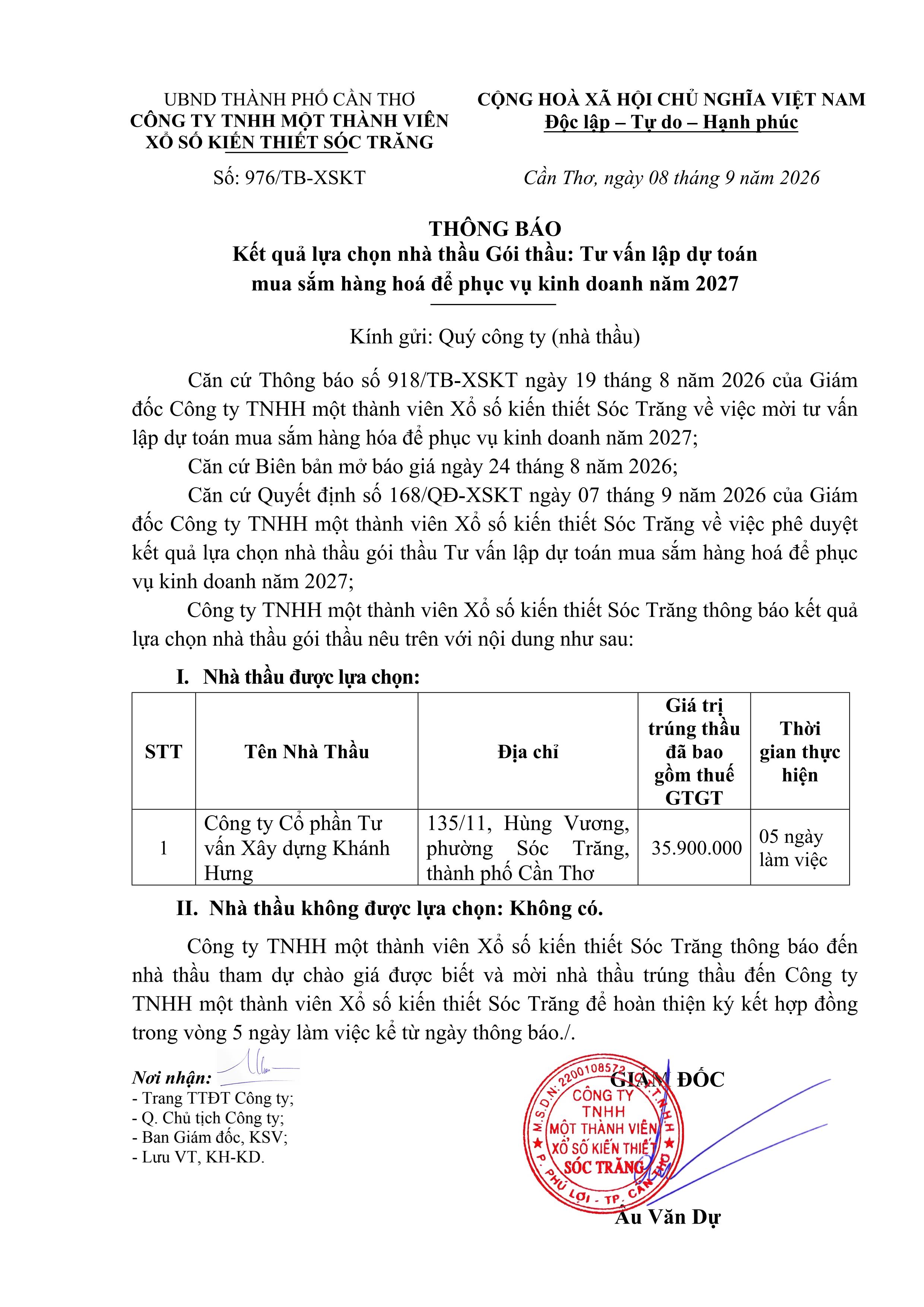 THÔNG BÁO KẾT QUẢ LỰA CHỌN NHÀ THẦU GÓI THẦU TƯ VẤN LẬP DỰ TOÁN MUA SẮM HÀNG HÓA ĐỂ PHỤC VỤ KINH DOANH NĂM 2027