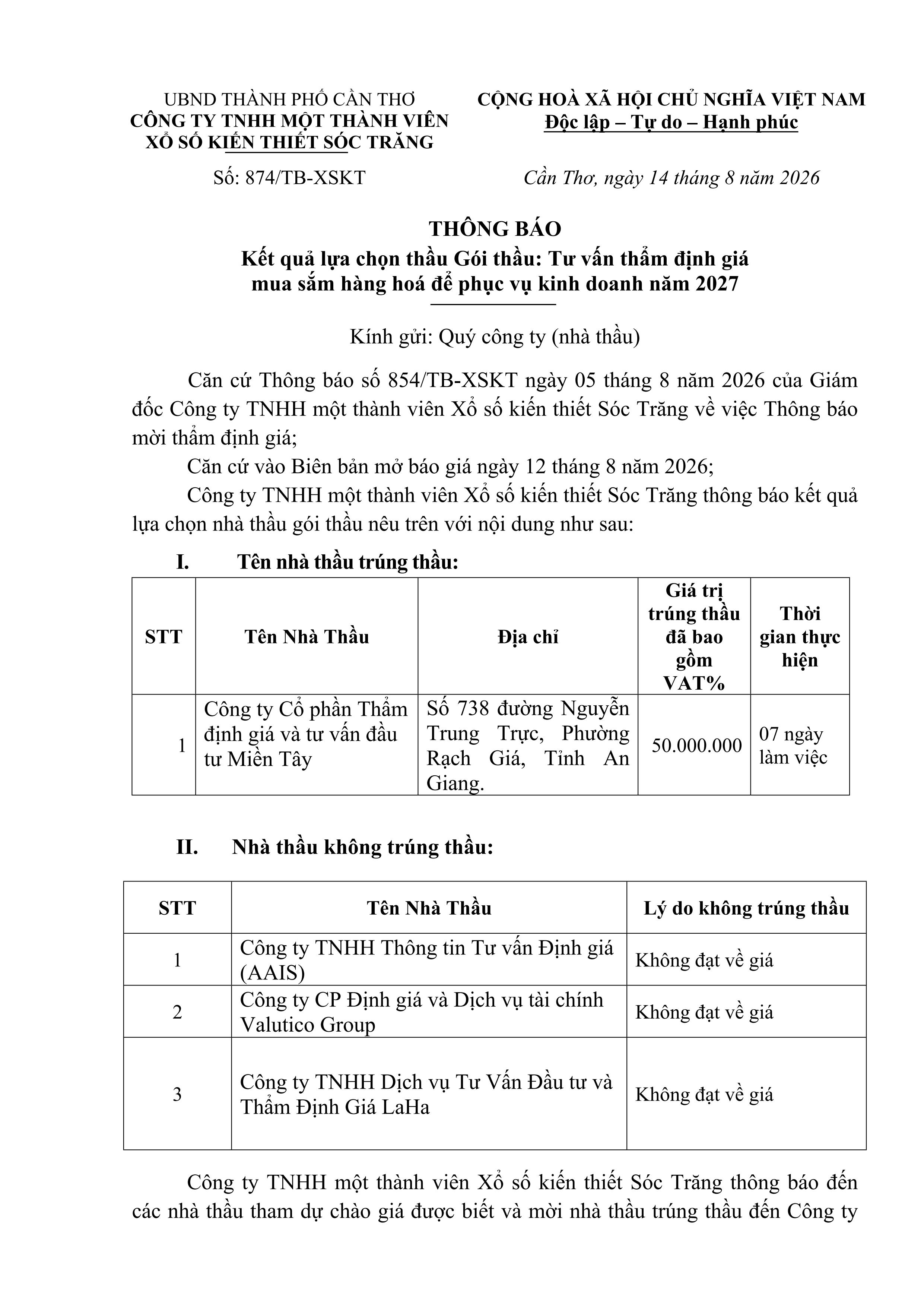 Thông báo KQLC nhà thầu gói thầu tư vấn thẩm định giá mua sắm hàng hóa để phục vụ kinh doanh năm 2027