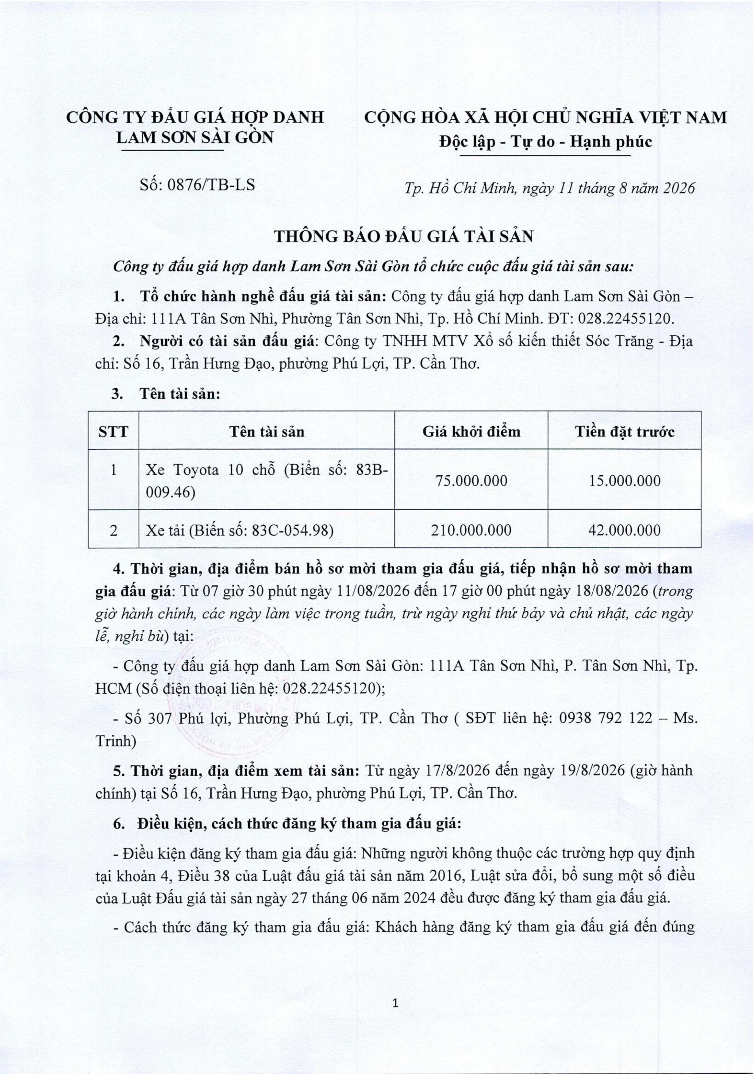 Thông báo mời tham gia đấu giá tài sản thanh lý 02 xe
