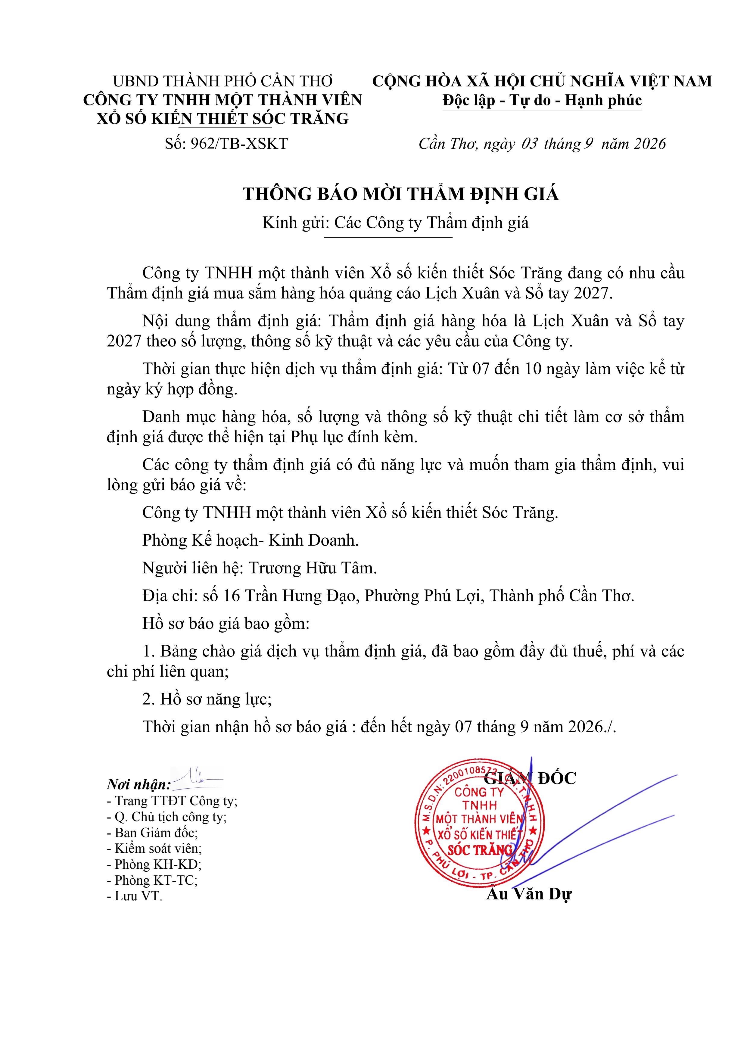 Thông báo mời thẩm định giá mua sắm hàng hóa quảng cáo và lịch xuân 2027 (3-9-2026)