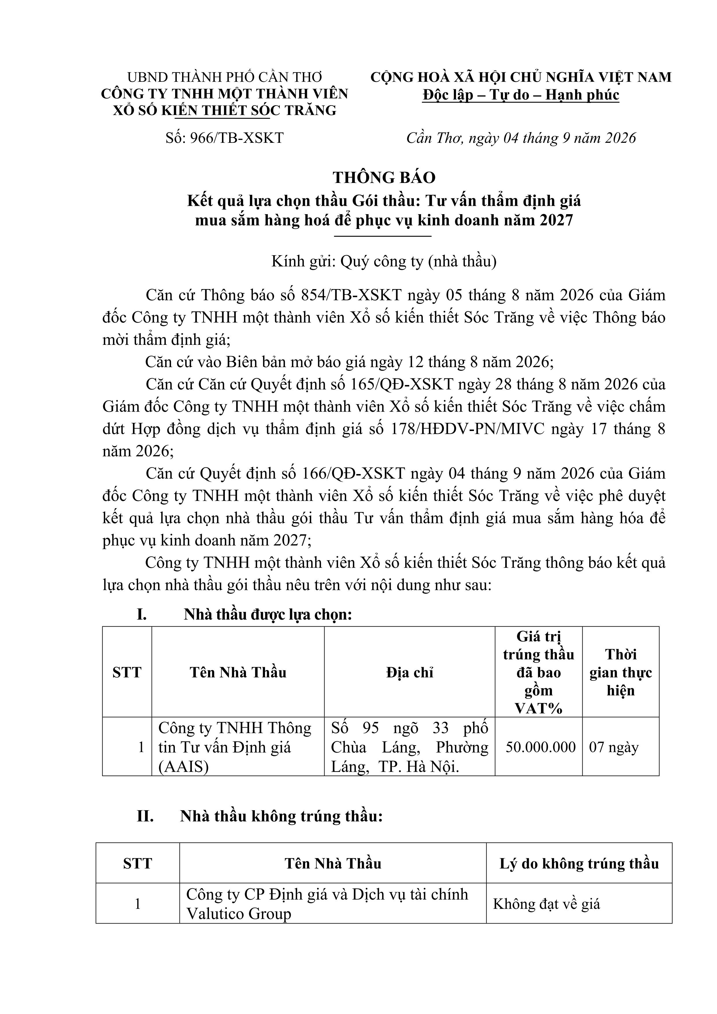 Thông báo kết quả lựa chọn nhà thầu gói thầu tư vấn thẩm định giá mua sắm hàng hóa để phục vụ kinh doanh năm 2027