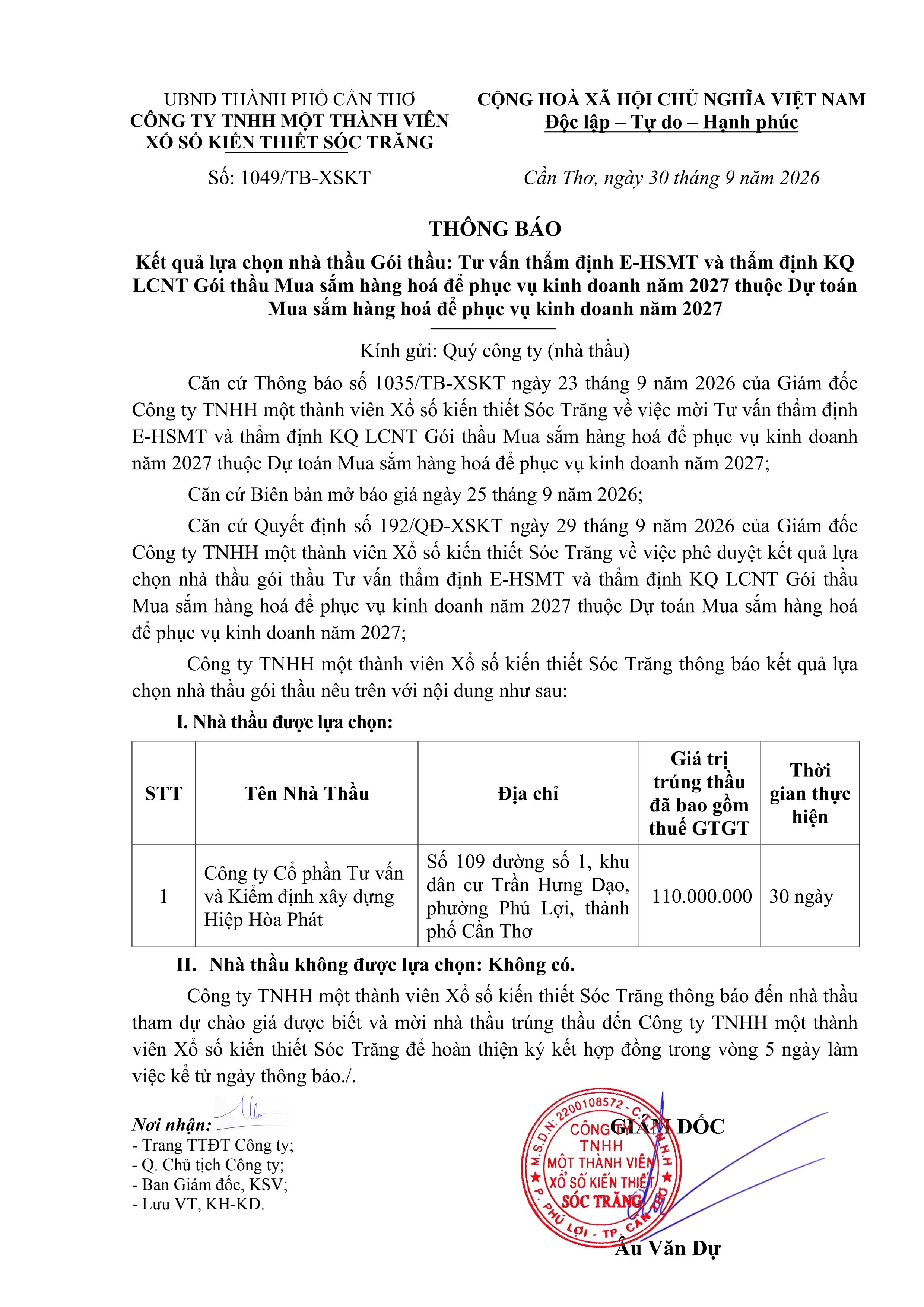 thông báo Kết quả lựa chọn nhà thầu Gói thầu: Tư vấn thẩm định E-HSMT và thẩm định KQ LCNT Gói thầu Mua sắm hàng hoá để phục vụ kinh doanh năm 2027 thuộc Dự toán Mua sắm hàng hoá để phục vụ kinh doanh năm 2027