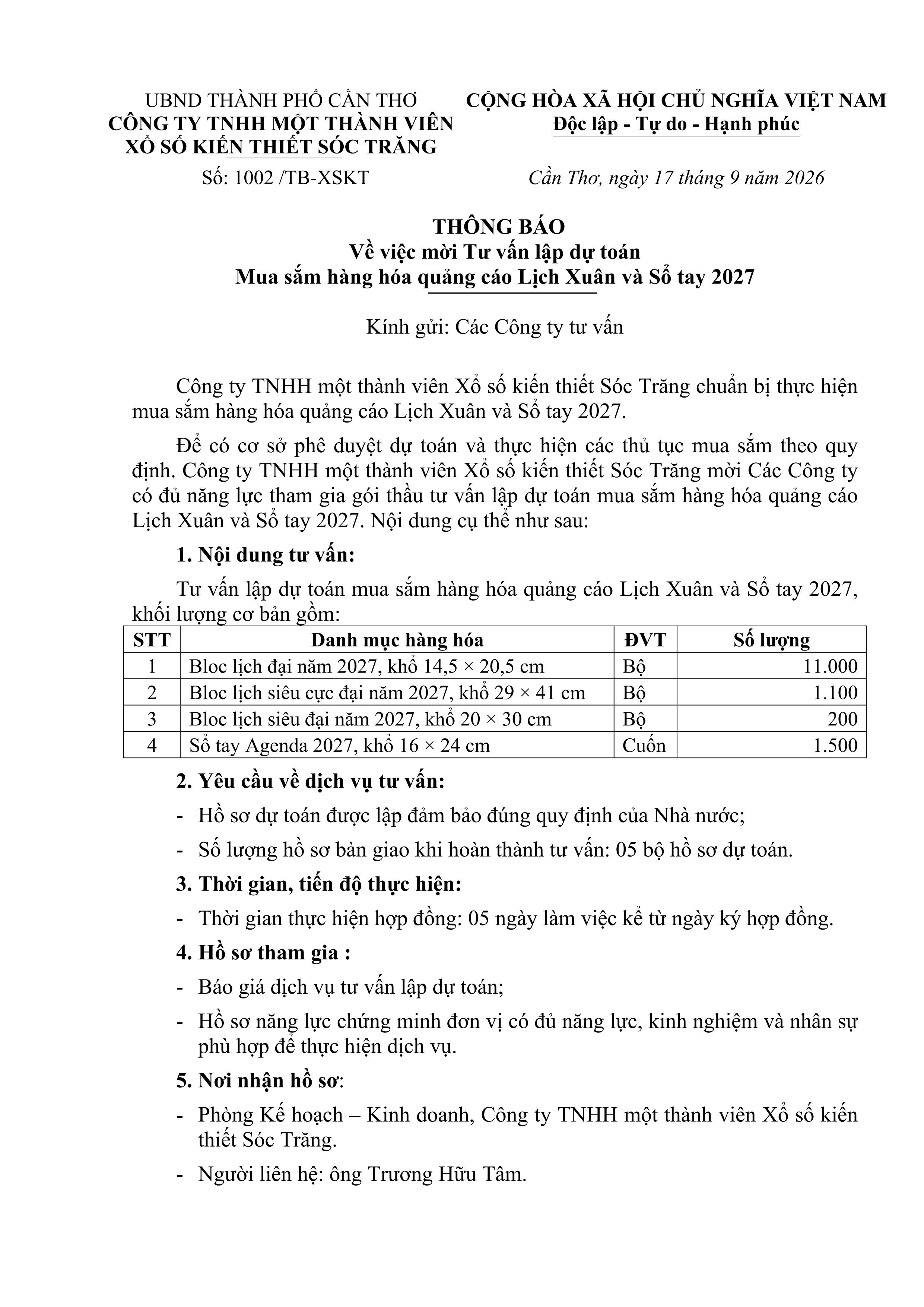 Thông báo mời tư vấn lập dự toán mua sắm hàng hóa lịch xuân và sổ tay 2027