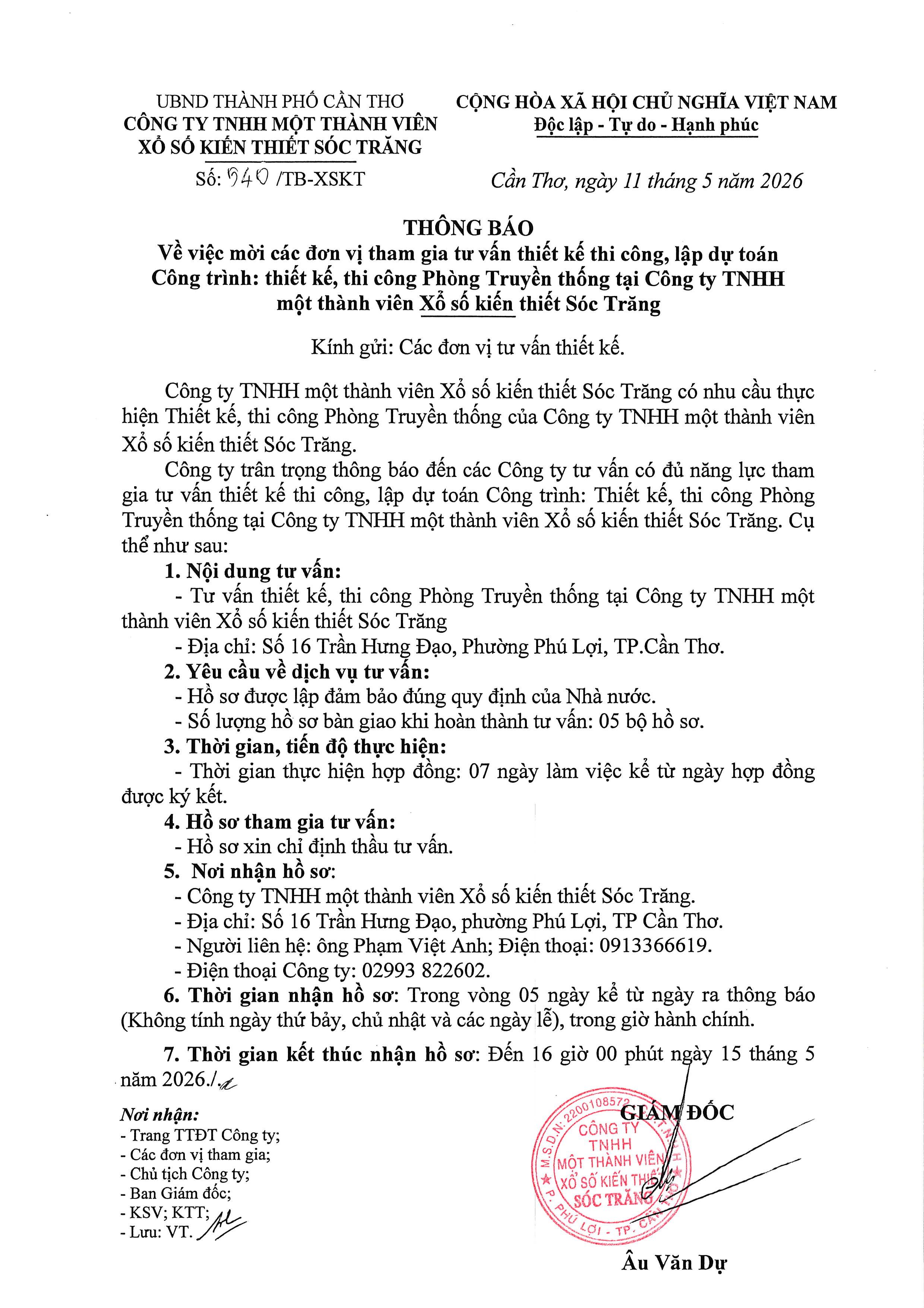 Thông báo mời thầu các đơn vị tham gia tư vấn thiết kế thi công phòng truyền thống tại Công ty XSKT Sóc Trăng 11-5-26