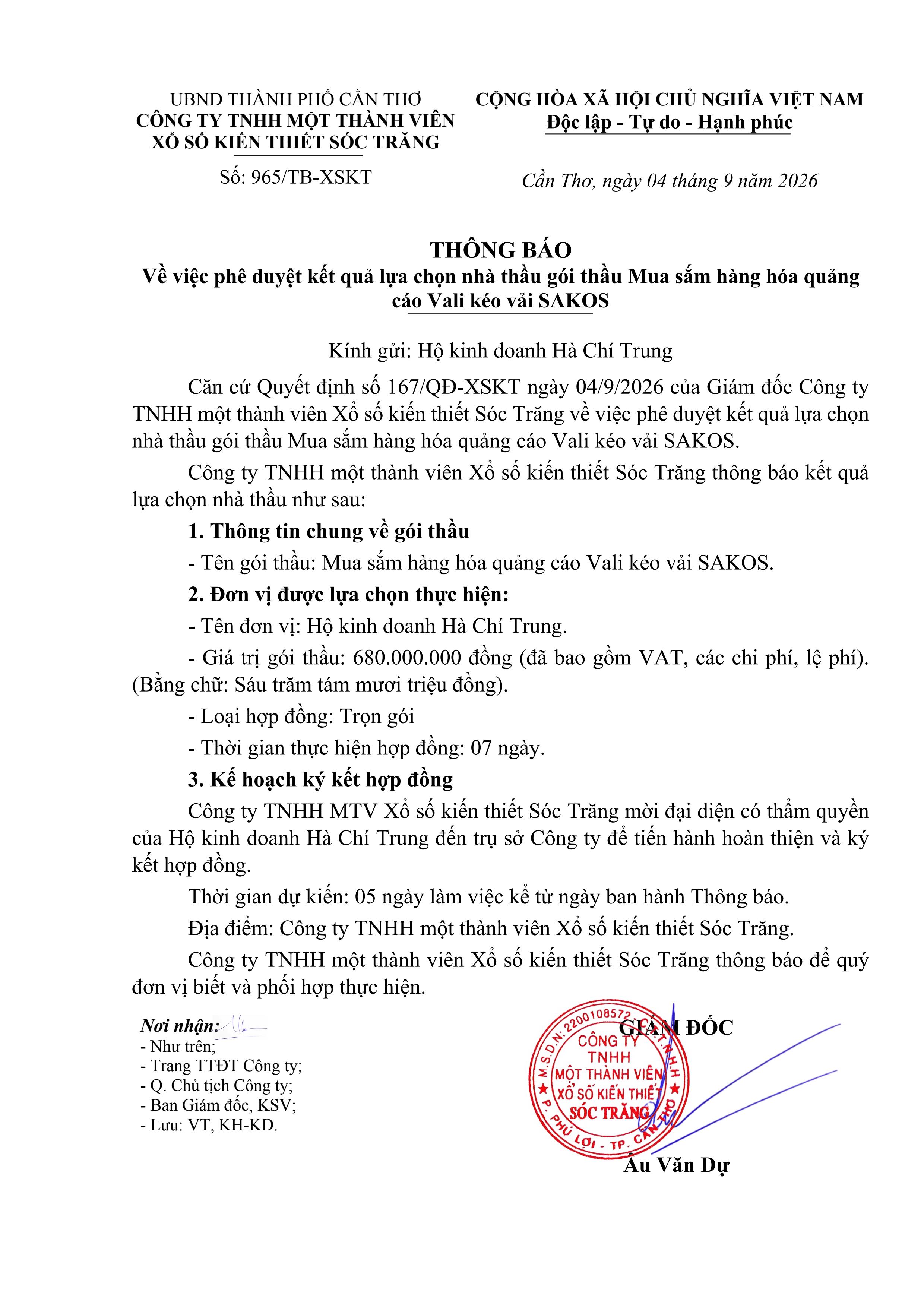 Thông báo kết quả lựa chọn nhà thầu gói thầu mua sắm hàng hóa quảng cáo vali kéo vải sakos 9-2026